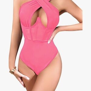 Women's Hot Pink Criss Cross Halter Neck Body Suit